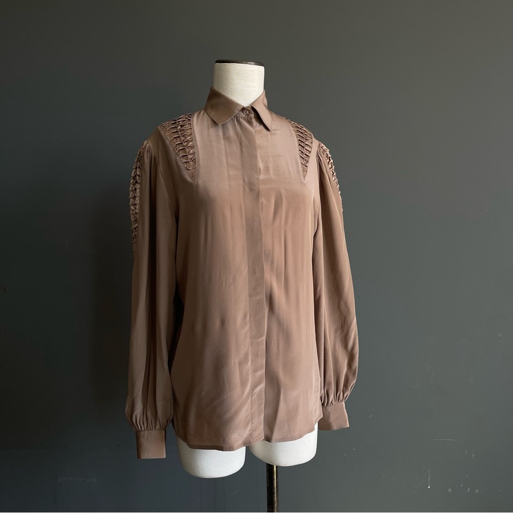 Vintage Silk Blouse Smocked Shoulder Hidden Placket Taupe Hong Kong Minimalist